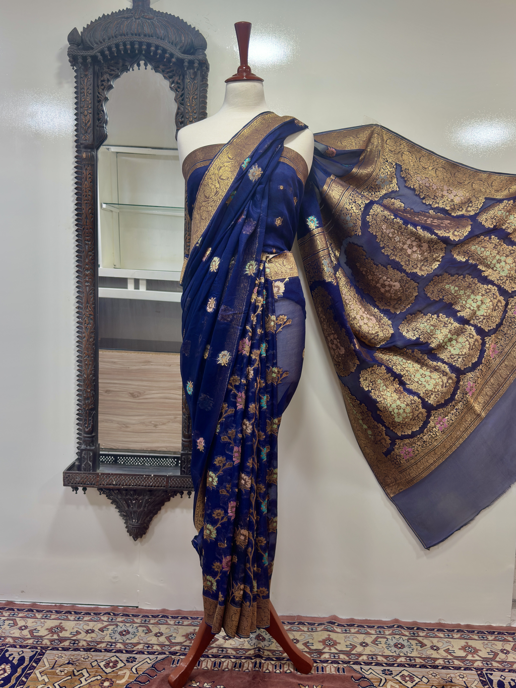 Saree Pure Jacquard Chiffon With Yellow Golden Zari/Multi Resham Work