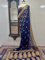 Saree Pure Jacquard Chiffon With Yellow Golden Zari/Multi Resham Work