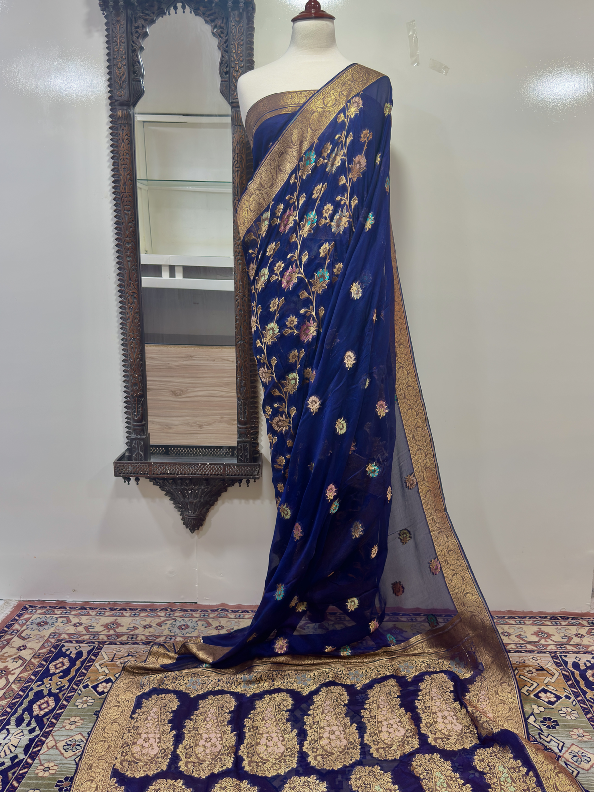 Saree Pure Jacquard Chiffon With Yellow Golden Zari/Multi Resham Work