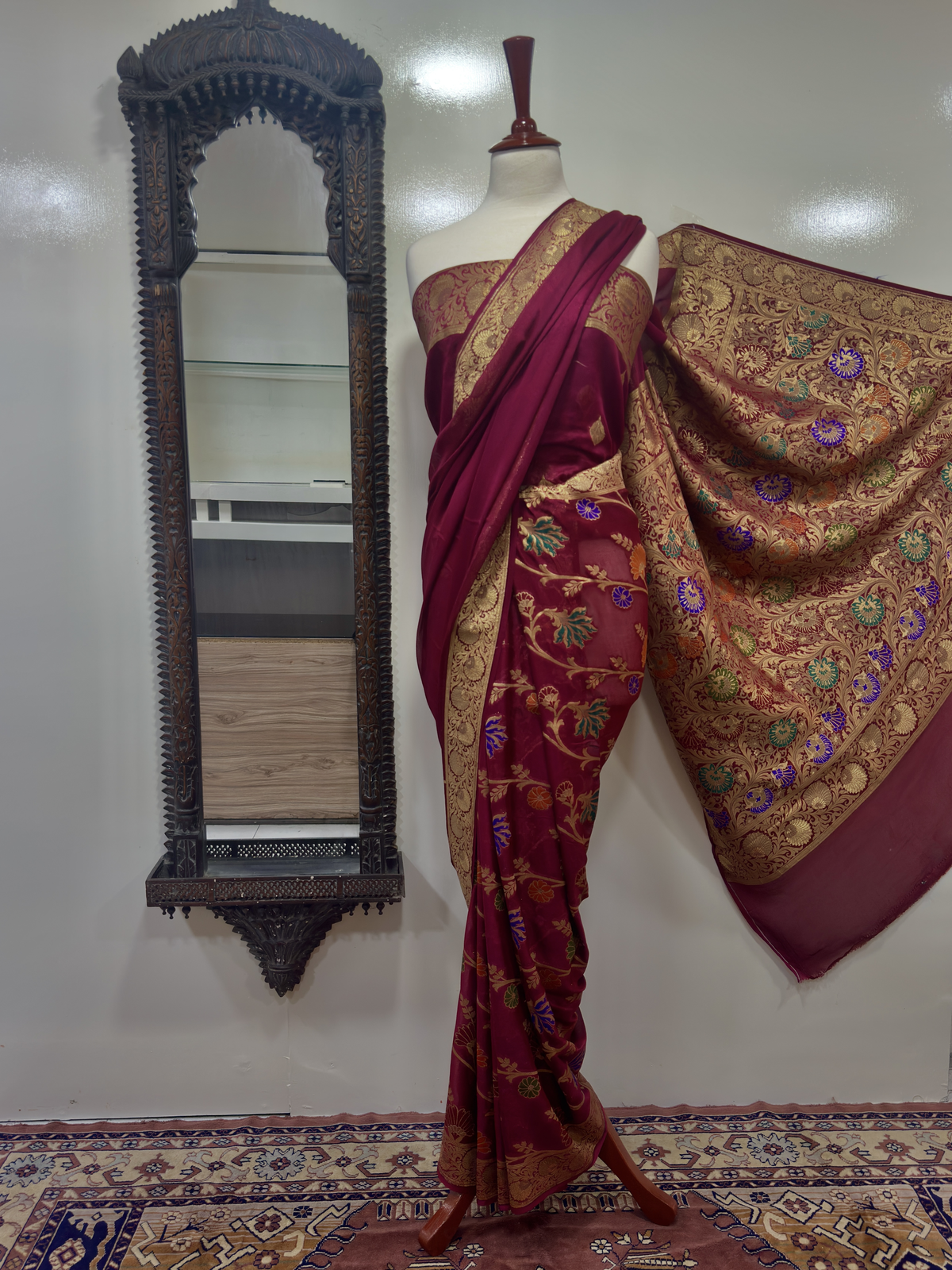 Saree Pure Satin Chiffon With Yellow Golden Zari/Multi Resham Work