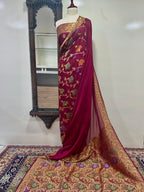 Saree Pure Satin Chiffon With Yellow Golden Zari/Multi Resham Work
