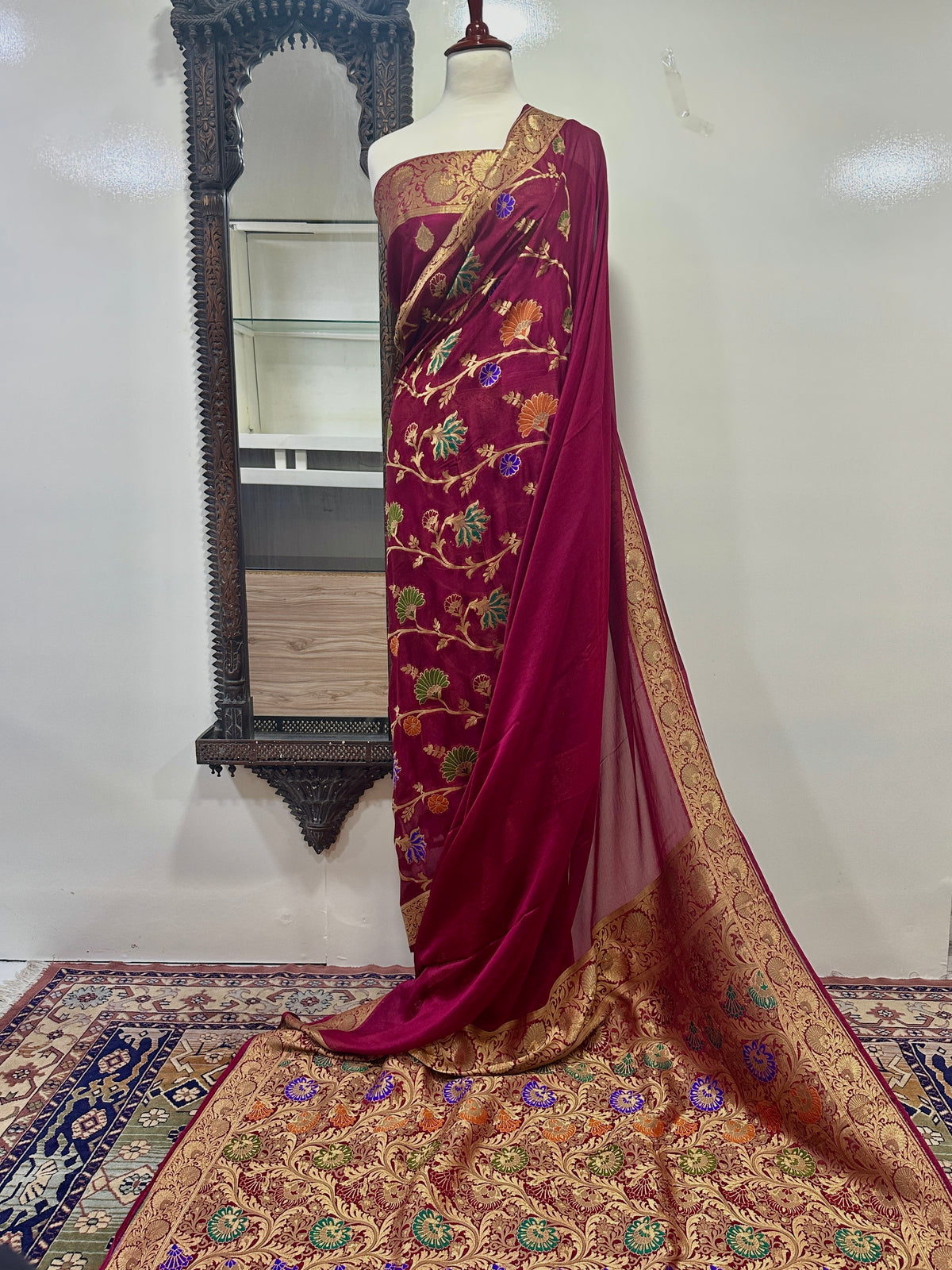 Saree Pure Satin Chiffon With Yellow Golden Zari/Multi Resham Work