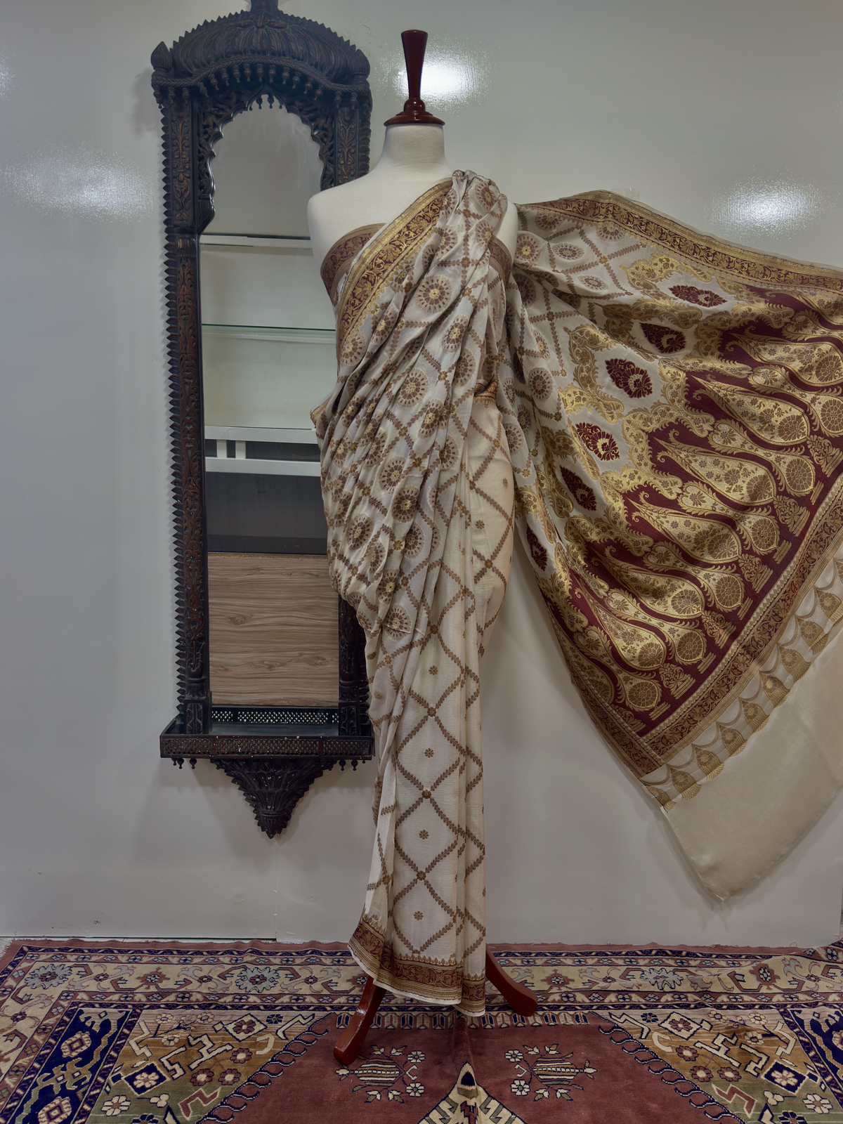 Saree Pure Pearl Chiffon With Golden Zari/Multi Resham Work