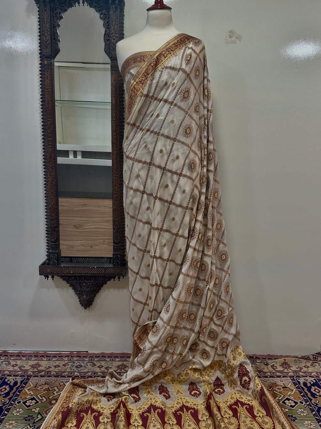Saree Pure Pearl Chiffon With Golden Zari/Multi Resham Work