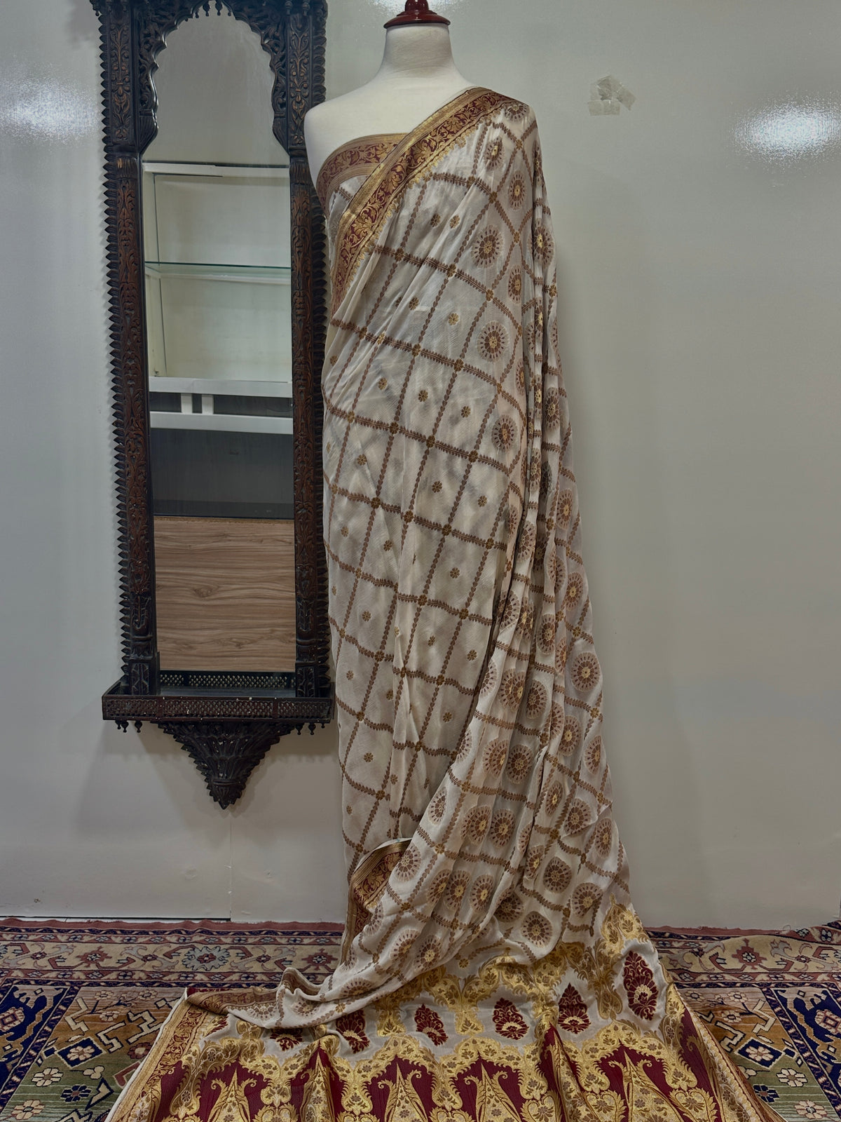 Saree Pure Pearl Chiffon With Golden Zari/Multi Resham Work