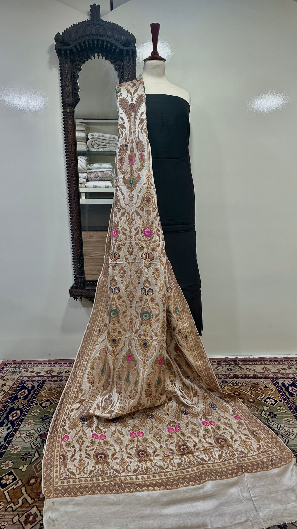 Shawl Pure Satin Silk With MultiResham/Golden Zari Work