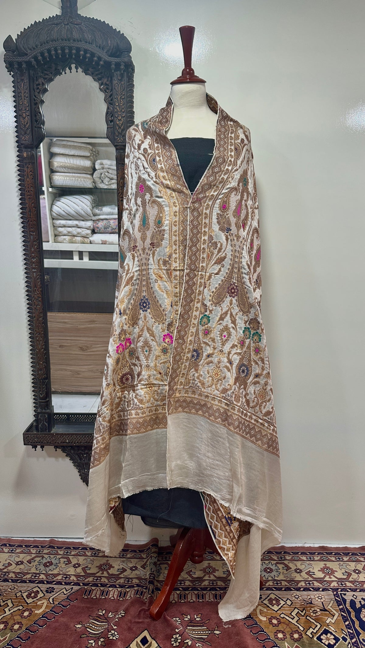 Shawl Pure Satin Silk With MultiResham/Golden Zari Work