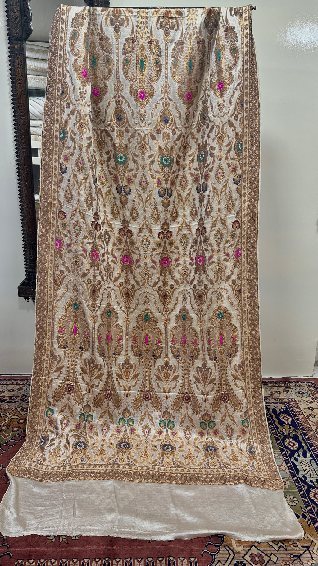 Shawl Pure Satin Silk With MultiResham/Golden Zari Work