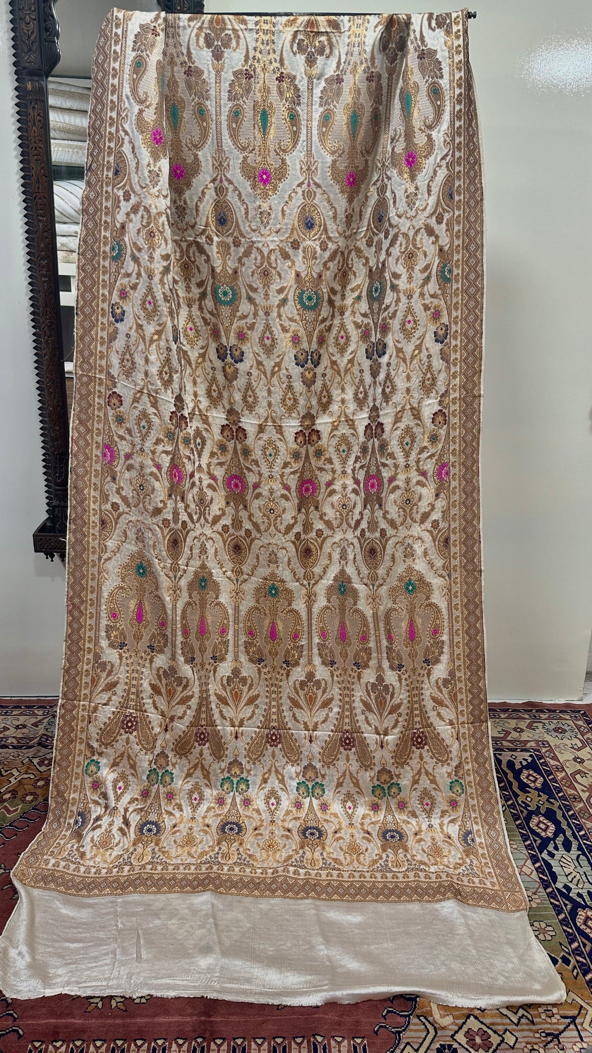 Shawl Pure Satin Silk With MultiResham/Golden Zari Work