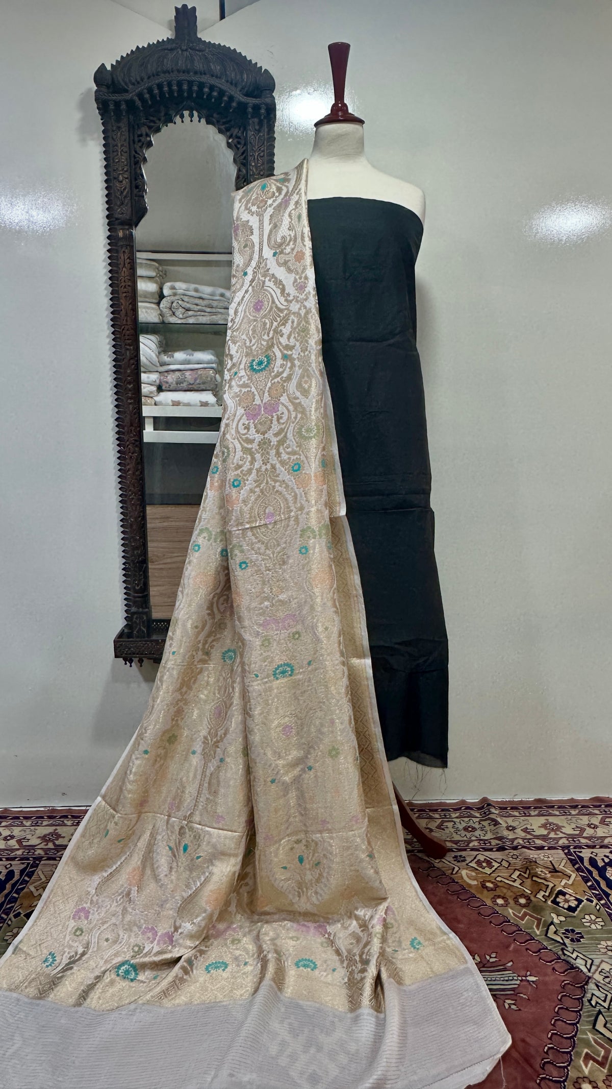 Shawl Pure Satin Silk With MultiResham/Golden Zari Work