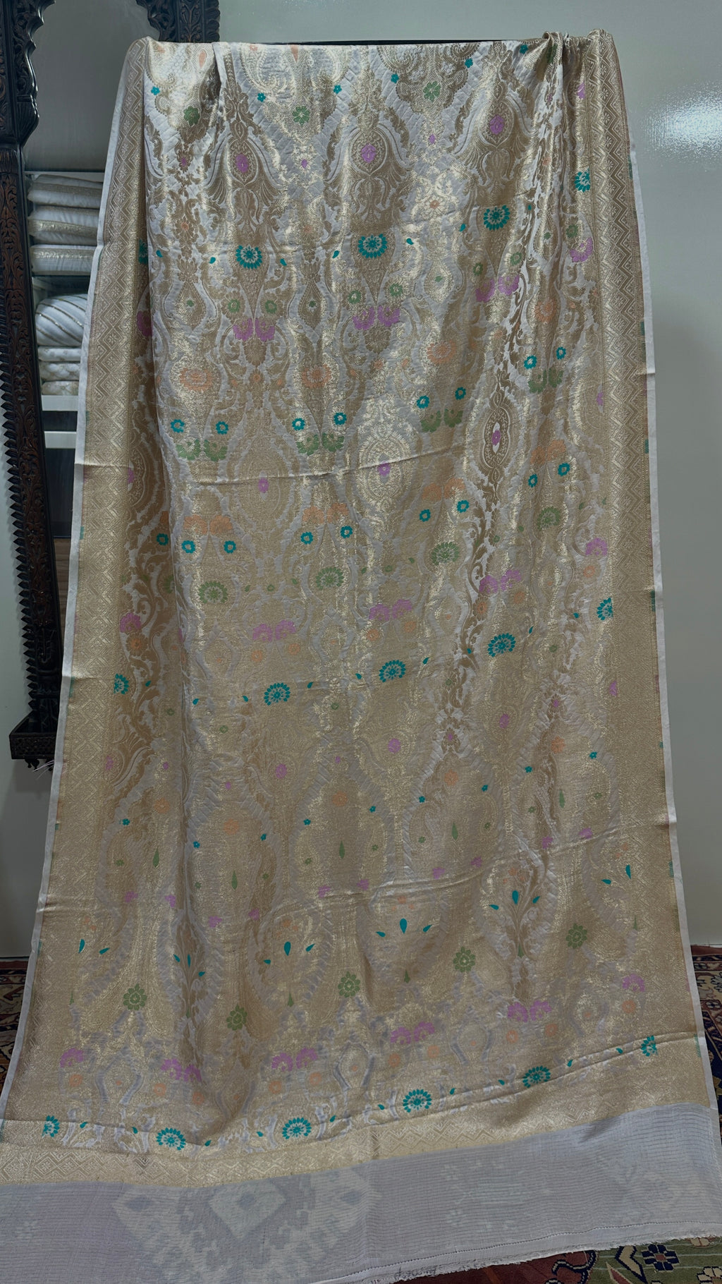 Shawl Pure Satin Silk With MultiResham/Golden Zari Work