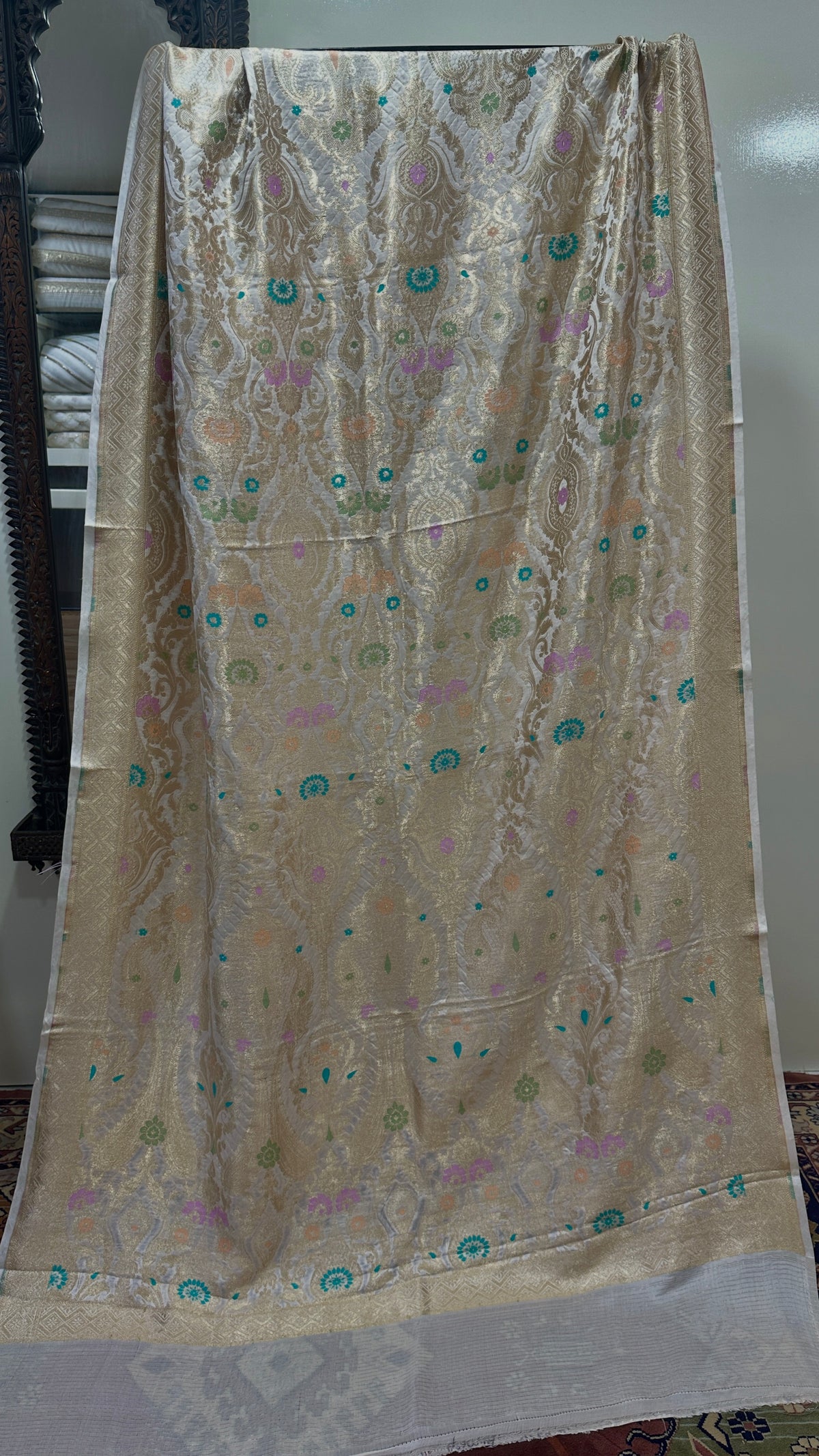 Shawl Pure Satin Silk With MultiResham/Golden Zari Work