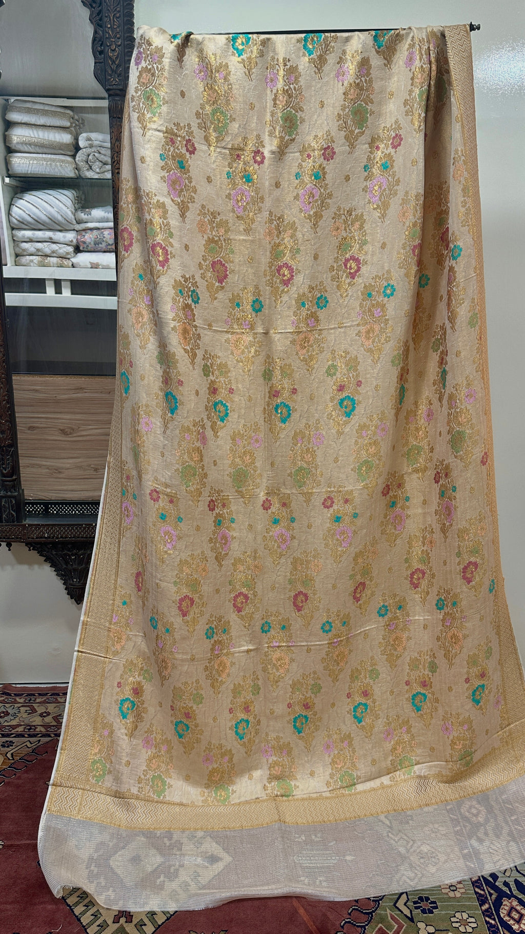 Shawl Pure Banarsi Kani Silk With MultiResham/Golden Zari Work