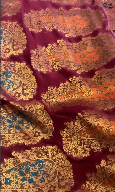 Saree Pure Crinkle Chiffon With Multi Resham Yellow Golden Zari Work.